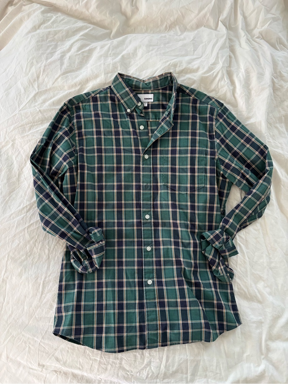 Sonoma Green and Navy Plaid Button-Down Shirt